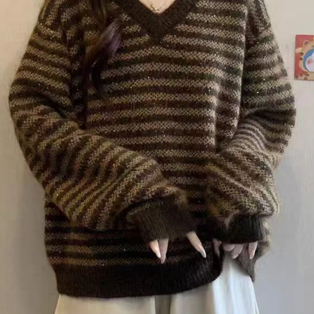 条纹针织毛衣女秋冬季新款慵懒宽松百搭长袖V领打底衫