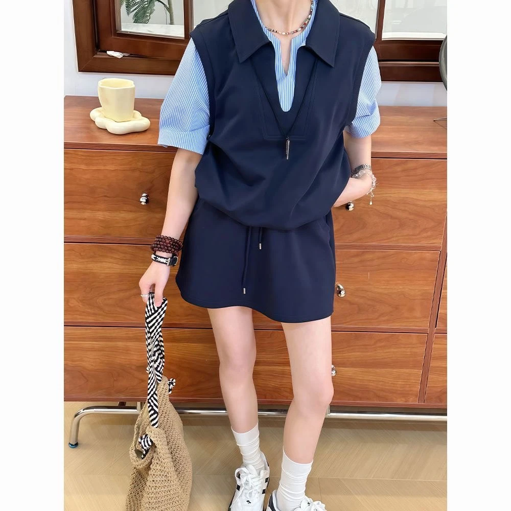 大码女装套装夏季新款条纹拼接假两件短袖T恤短裙两件套装