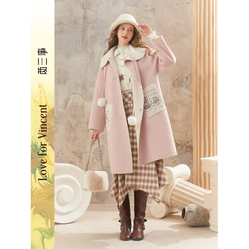 【小呆鸟专享】两三事梵高文艺甜梦絮语贴布绣绑带毛球双面呢外套