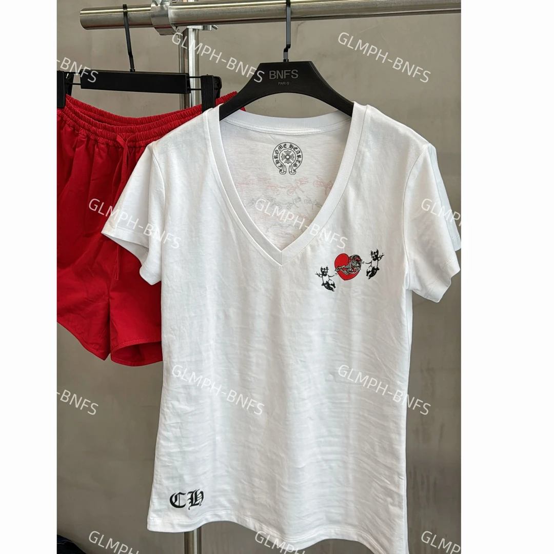 GLMPH-BNFS【邻家女孩】简约字母印花修身V领短款休闲短袖上衣-887