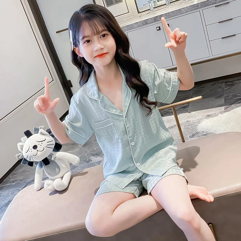 女童冰丝睡衣夏季薄款儿童短袖家居服千鸟格网红中大童女孩空调服