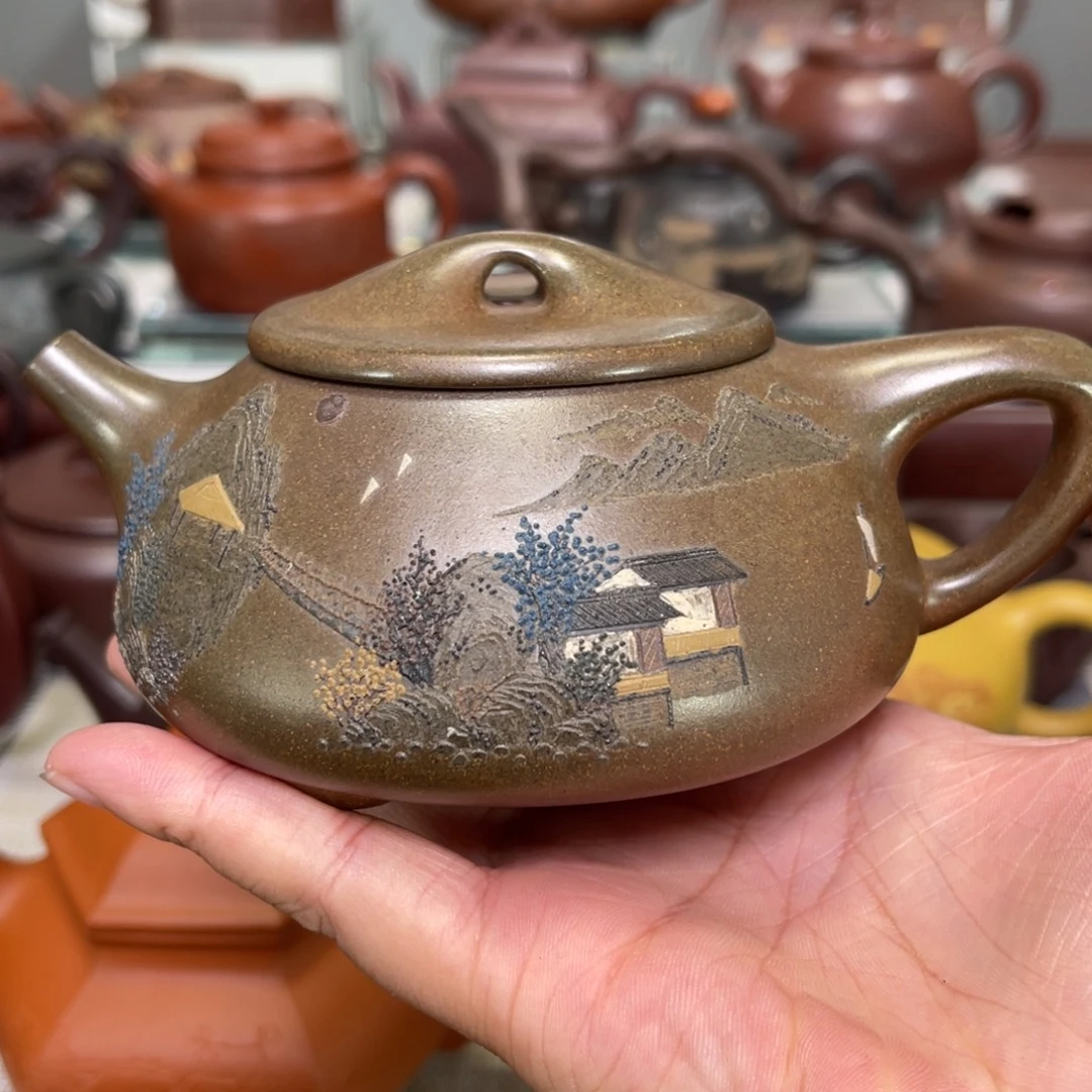 马***脸紫砂茶壶泥绘放漏