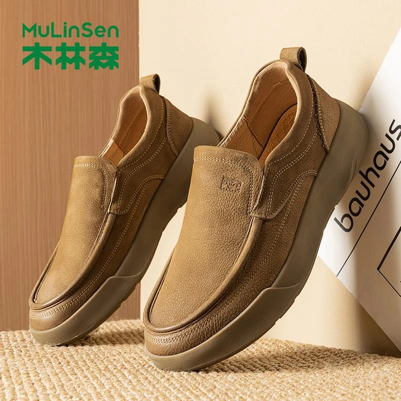 木林森男鞋软皮鞋子正品懒人软底系带休闲鞋真皮秋季宽脚鞋外贸