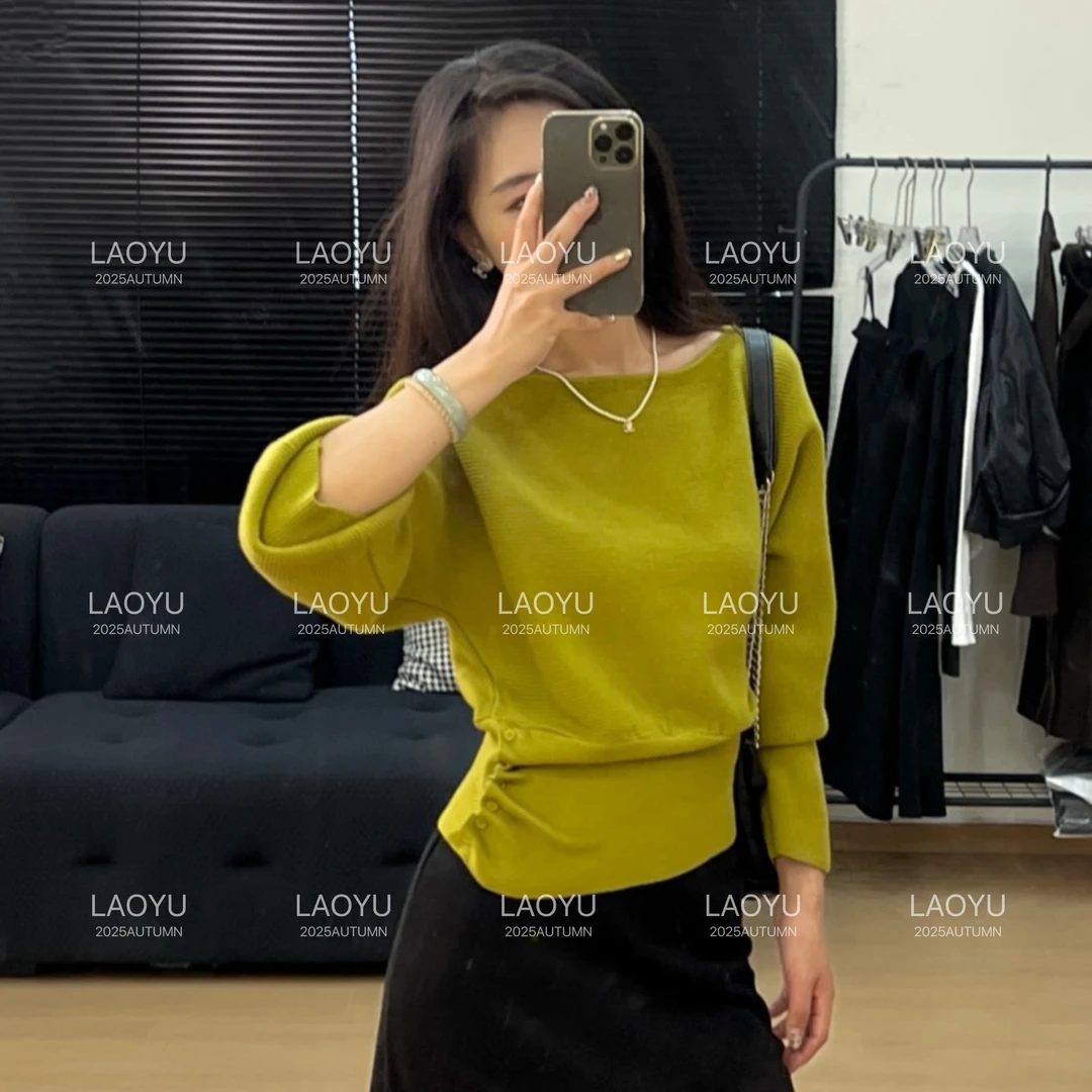 LAOYU（抹茶黑巧）2025秋季韩系不规则针织衫简约纯色百搭上衣毛衣