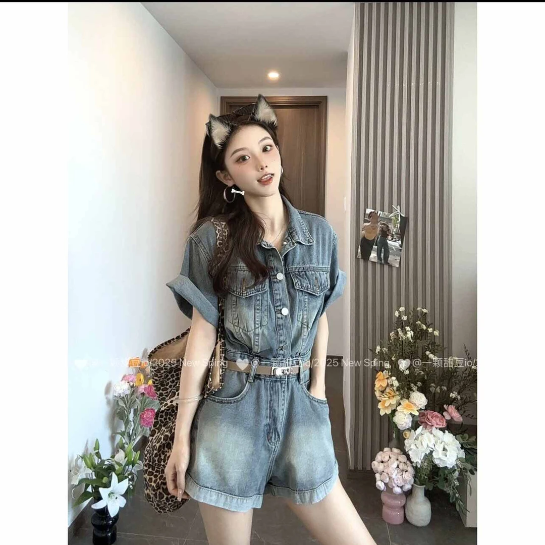 季节新款爆品同款百搭复古牛仔短袖女夏季新款气质水洗宽松连体裤