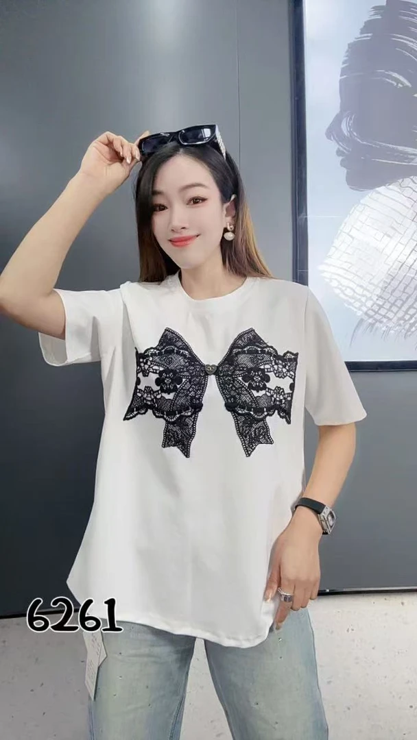 2025广州菲尔HFEH6261春夏新款四色蕾丝蝴蝶结半袖T恤