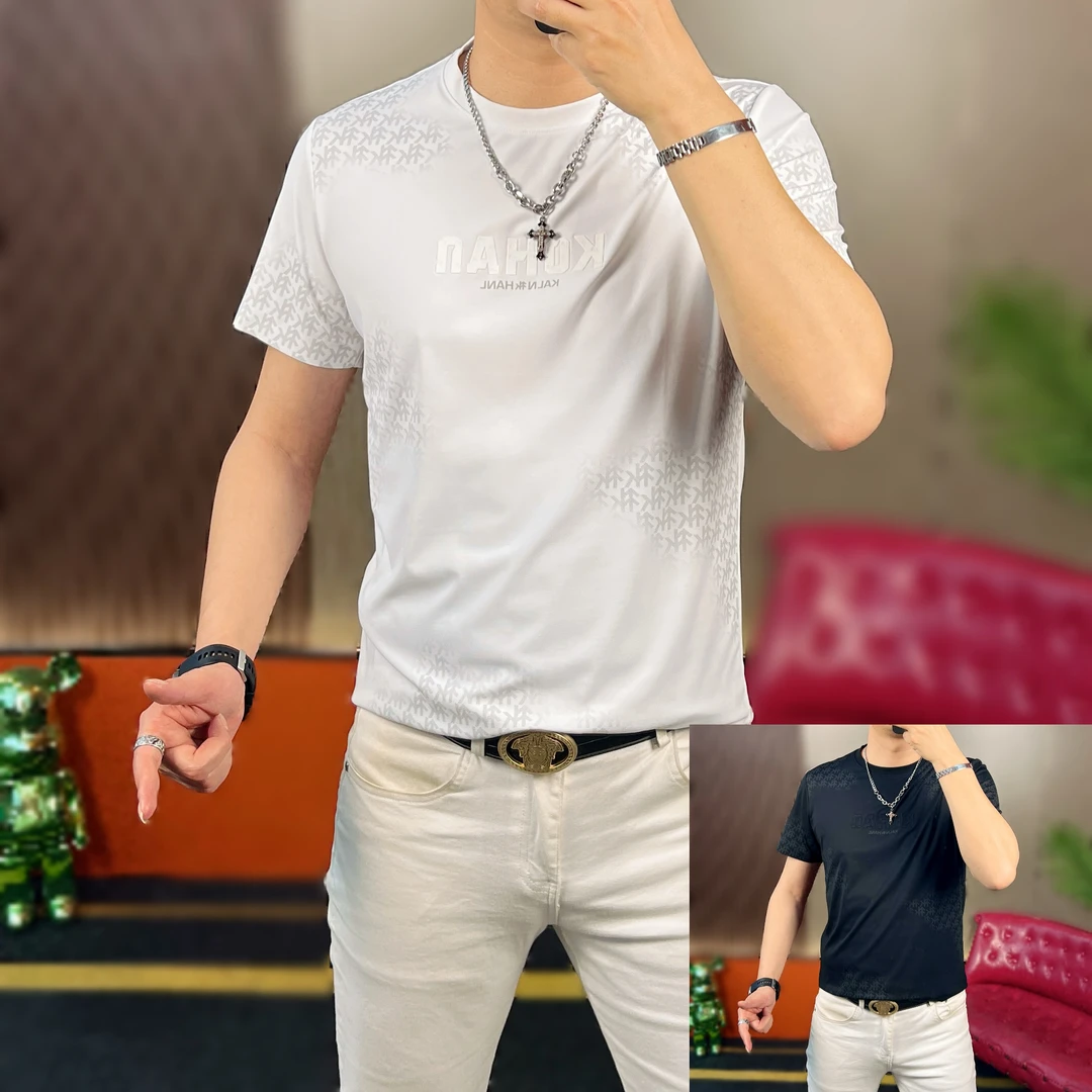 2025夏季新款时尚休闲度假无痕提花百搭男士圆领透气潮流半袖T恤