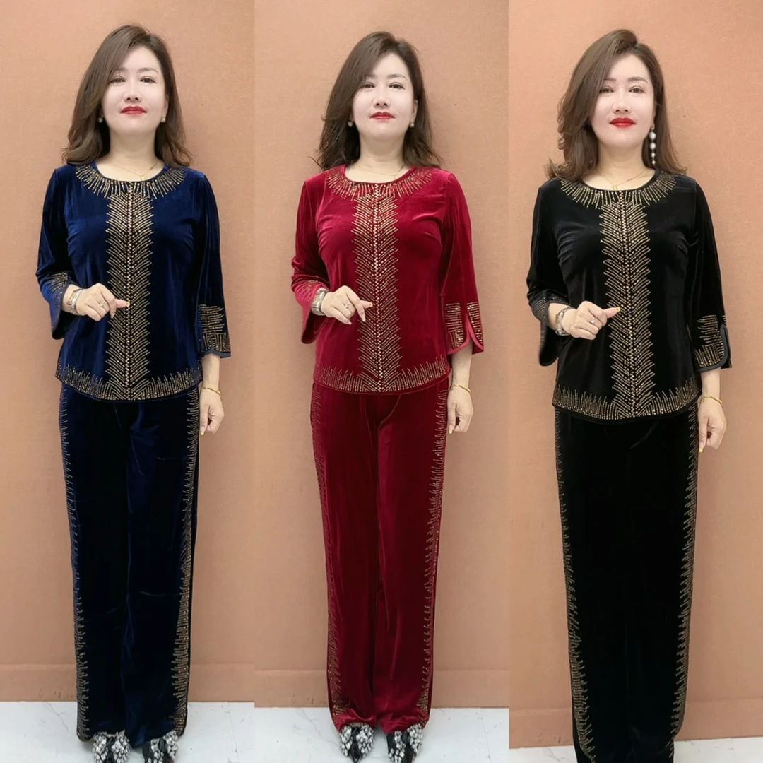 JXL 早秋新款时尚简约圆领长袖T恤加裤子丝绒套装