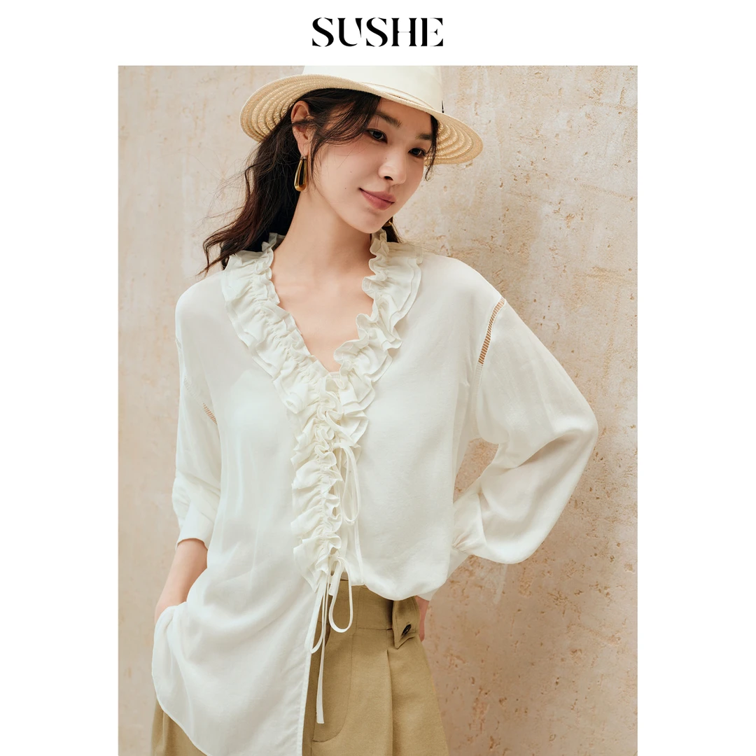 束皙SUSHE沐盏优雅法风100天丝灯笼长袖丝滑衣服雪纺上衣衬衫女秋