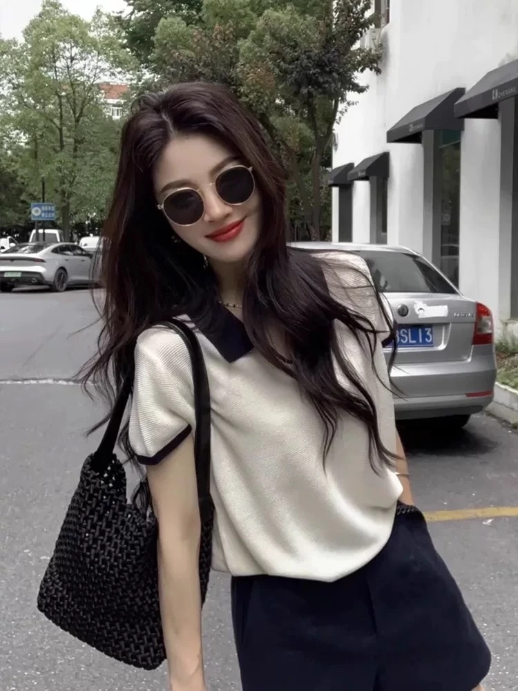 撞色Polo领冰丝针织短袖T恤女夏季薄款韩系小个子松弛感短款上衣