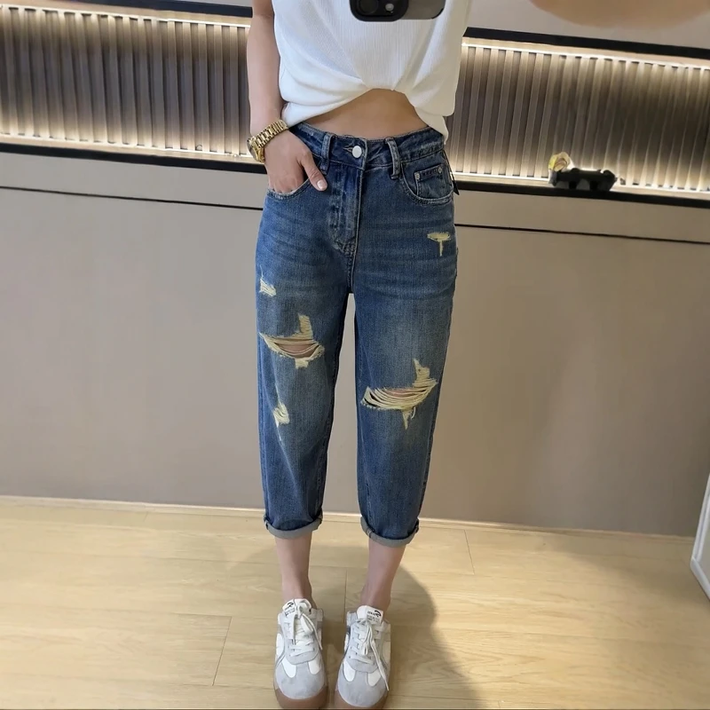 夏季薄款时尚破洞哈伦牛仔裤女款胖MM高腰宽松显瘦九分直筒老爹裤