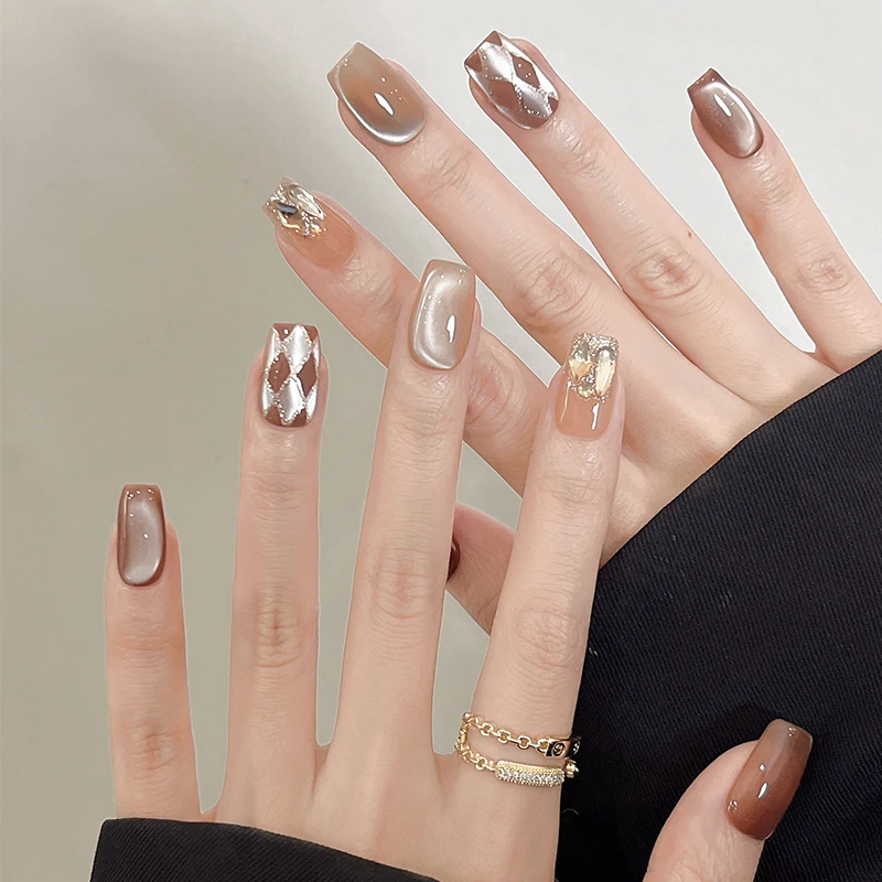 金棕织梦米哩米手工穿戴美甲片棕色菱形猫眼贴钻百搭气质温柔显白