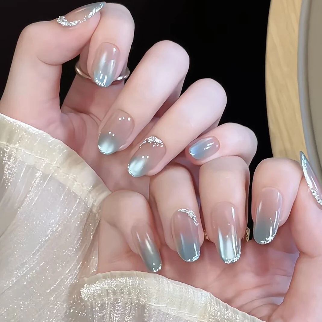 【海月】纯手工中长款穿戴甲猫眼裸色纯手工穿戴美甲穿戴甲纯手工