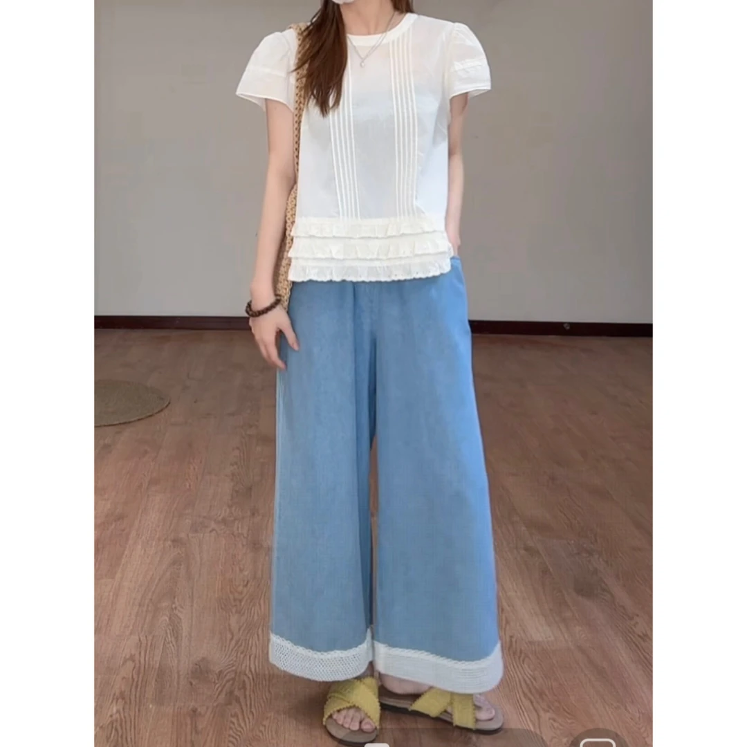 【现货】水洗软牛仔超薄拼接花边松紧腰头显瘦阔腿牛仔裤