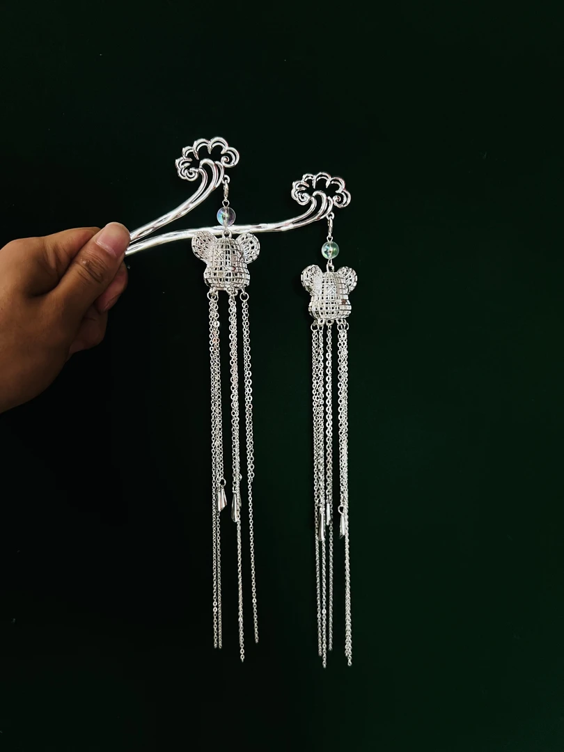 【欧尼熊】饰逅原创银色长流苏铃铛步摇可拆卸两用发簪发钗