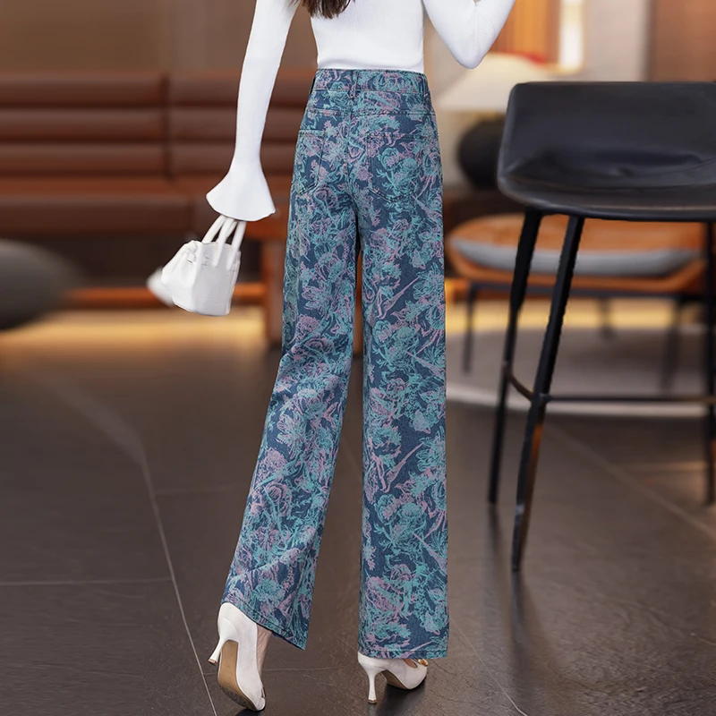 2025春秋彩色印花直筒阔腿牛仔裤女高腰中年妈妈裤子宽松显瘦长裤