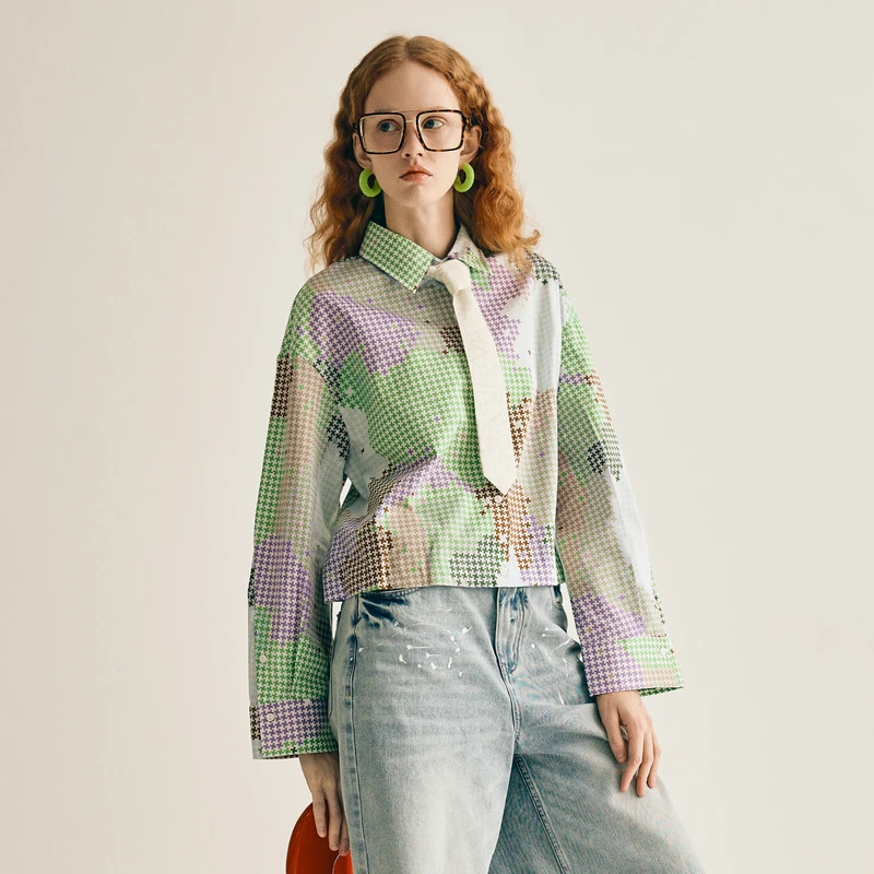 谜底印花衬衫长袖女2025春季新款复古风花色短款棉衬衣255MC6025