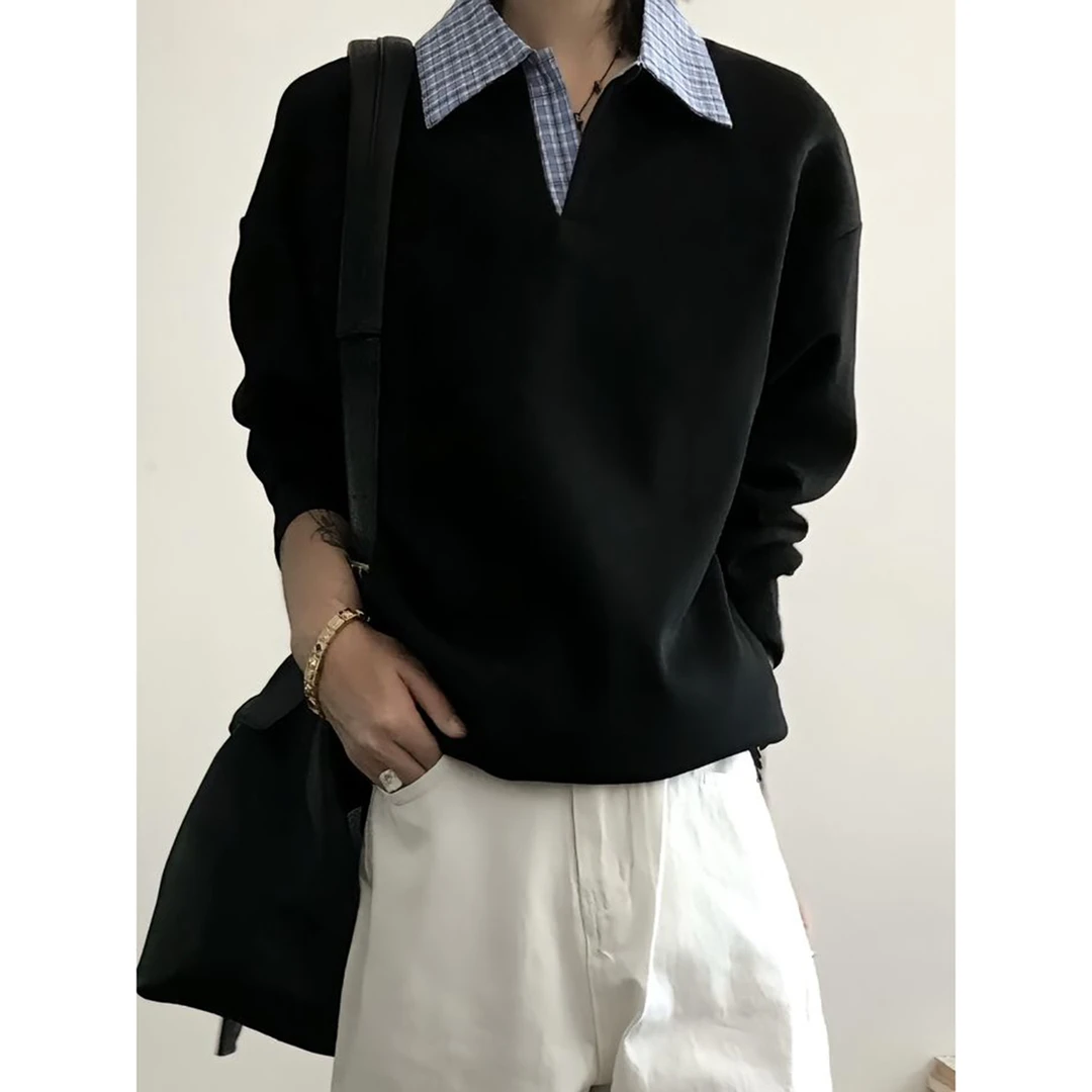 miu系格子拼接POLO衫男款质感穿搭正肩长袖t恤美式复古重磅卫衣