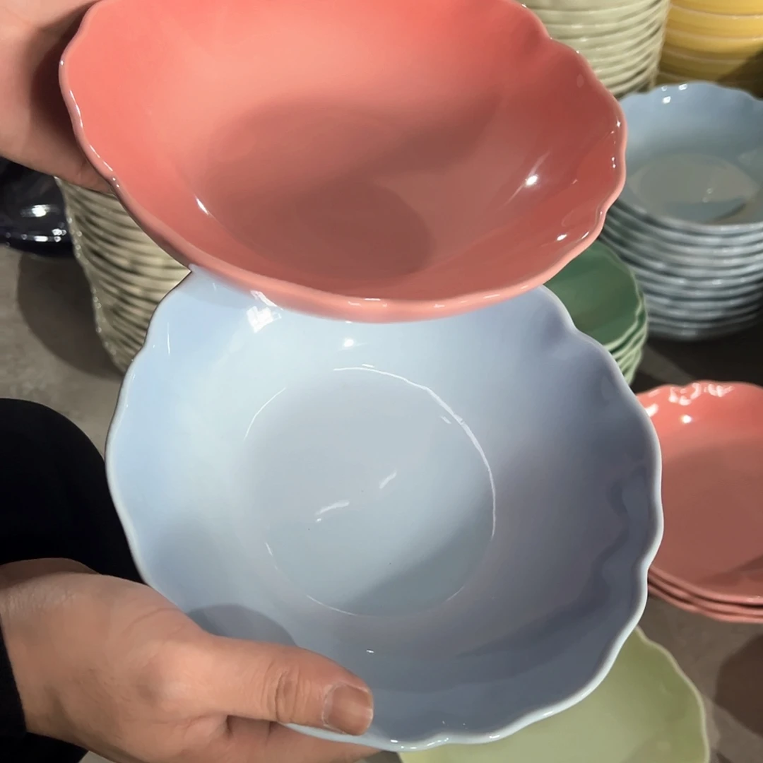 陶瓷花韵深盘 粉色 天蓝色
