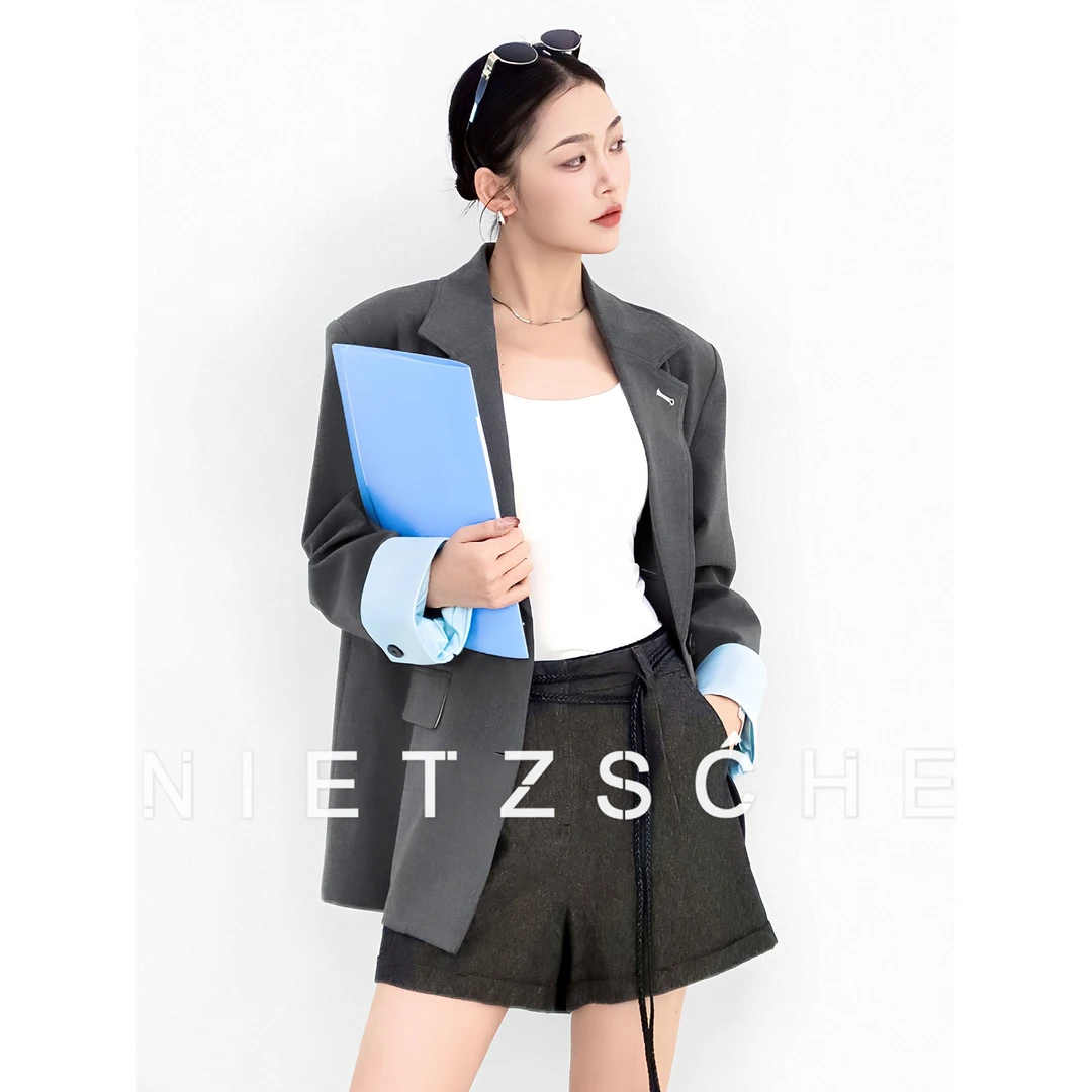 Nietzsche｜纽约假日｜西装外套 灰蓝撞色 老钱风质感气质西装7862