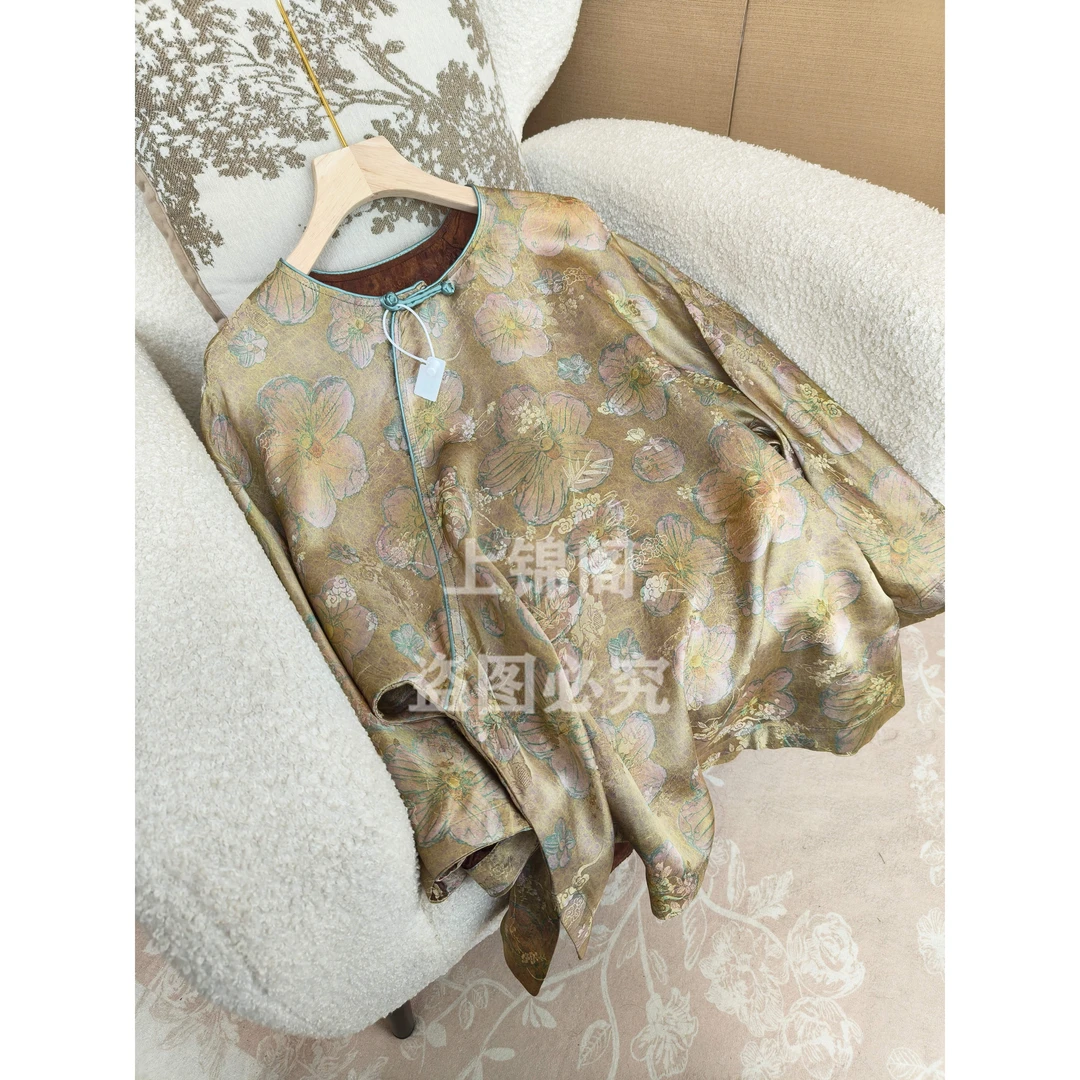 332中国风斜襟圆领盘扣上衣碎花气质时尚百搭夏季中国风提花薄款