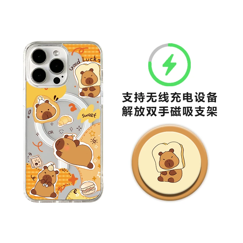 卡皮巴拉磁吸透明手机壳适用iPhone16promax苹果13带支架15小众14