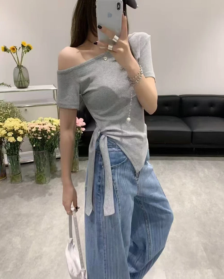 【iN97家】2025夏季新款斜肩绑带短袖