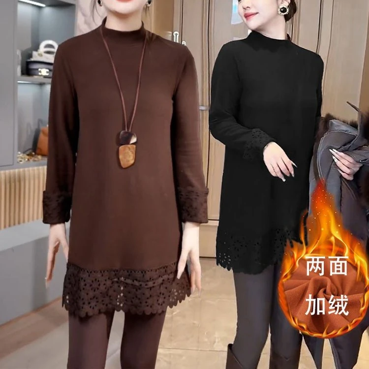 冬季新款蕾丝拼接双面绒长袖中长款宽松加厚保暖打底上衣半高领