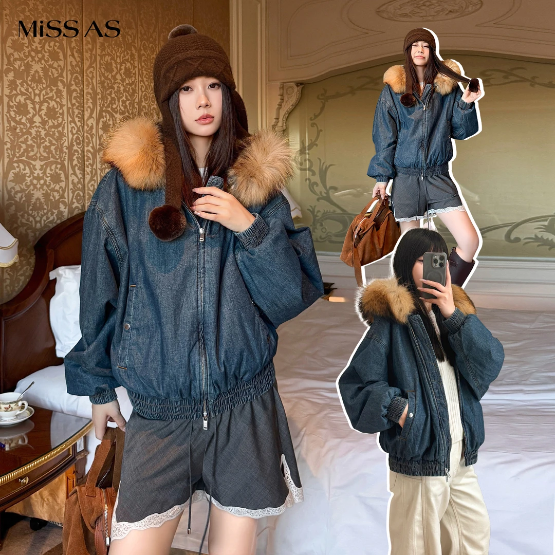 【IMMI】藏青色牛仔绗棉毛领连帽长袖夹克外套女25秋冬出行拍照必备