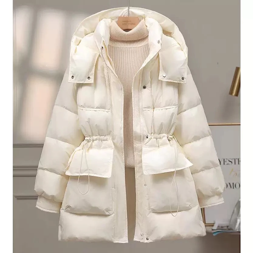 冬季时尚爆款加厚保暖中长款大被子过膝连帽休闲羽绒服女抽绳短