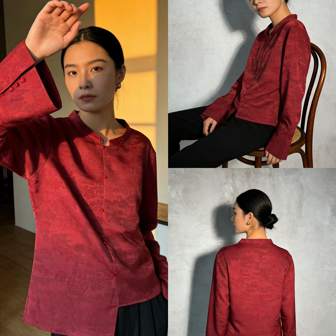 【大海轻奢】直襟长袖立领薄款提花上衣中式休闲圆领衬衣