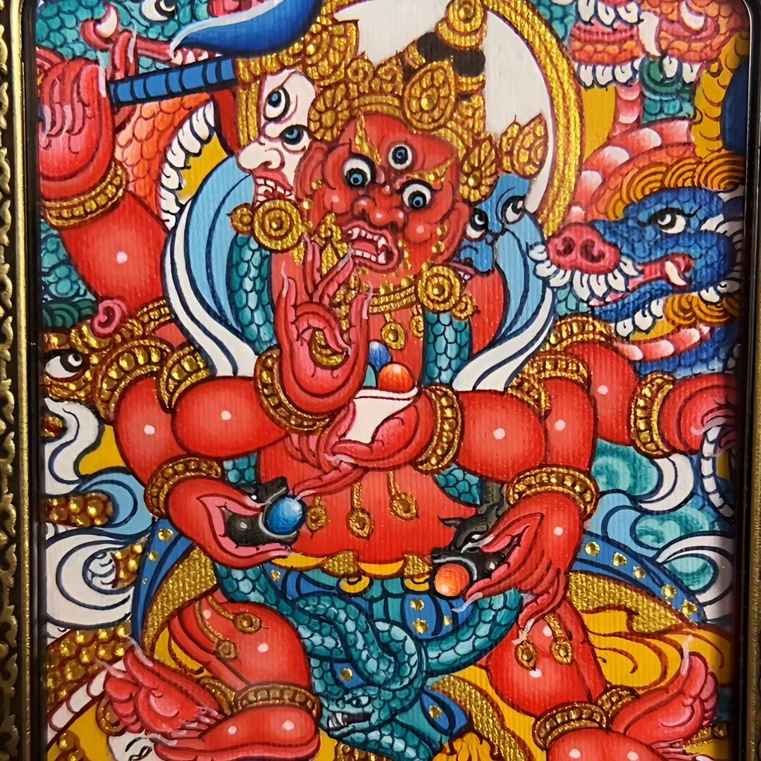 非金属布艺吊坠 热贡手工绘制三面六臂红财吊坠原装红色