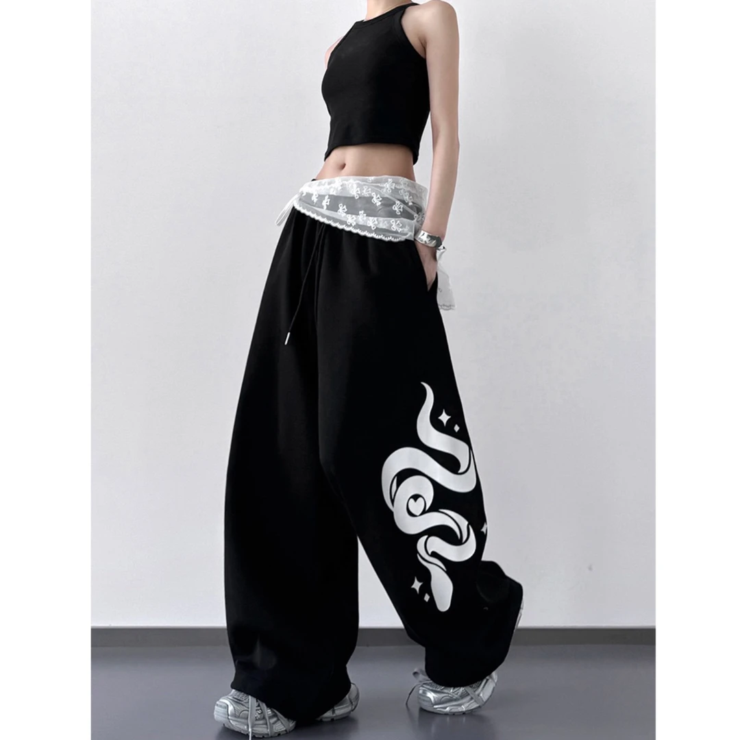 街舞潮牌黑色嘻哈美式蛇图案印花爵士舞裤子女直筒运动裤卫裤