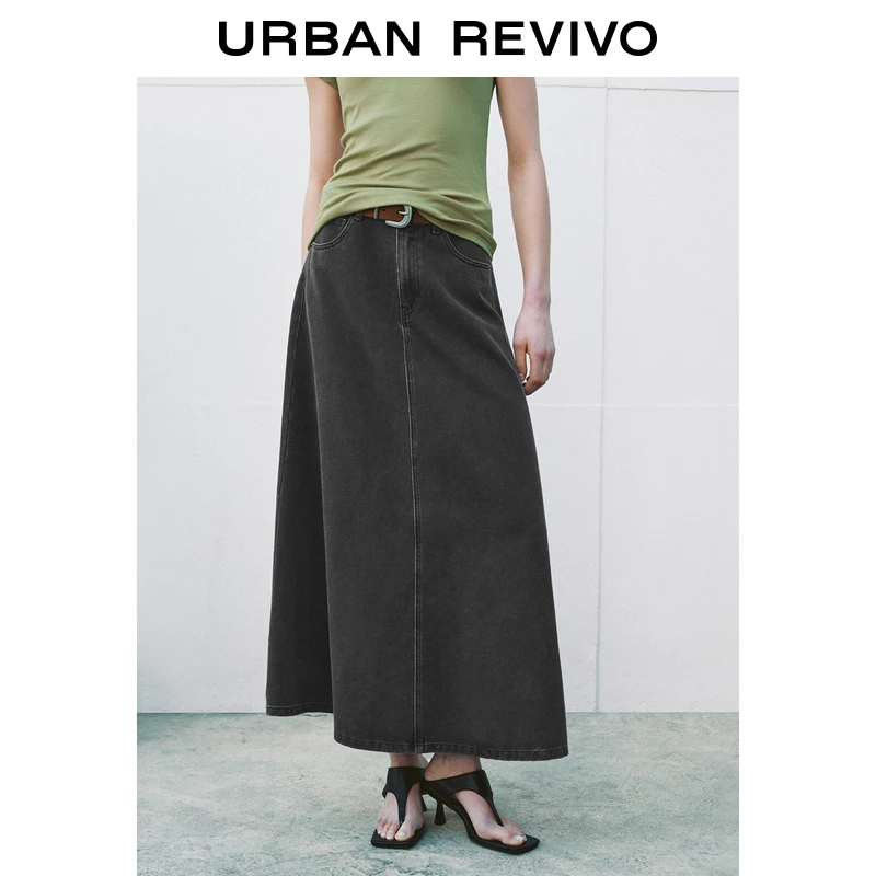 UR2025春季新款女装欧若风复古休闲洗水显瘦牛仔半裙UWM850015
