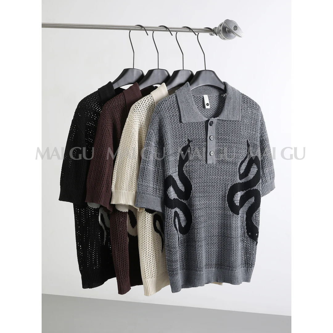 【MAIGU】夏季男士原创针织镂空蛇年图案POLO衫高级感透气翻领短袖