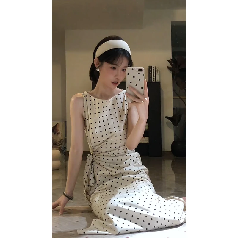 parkyeon波点绑带无袖背心连衣裙女夏季气质高级感收腰显瘦长裙子