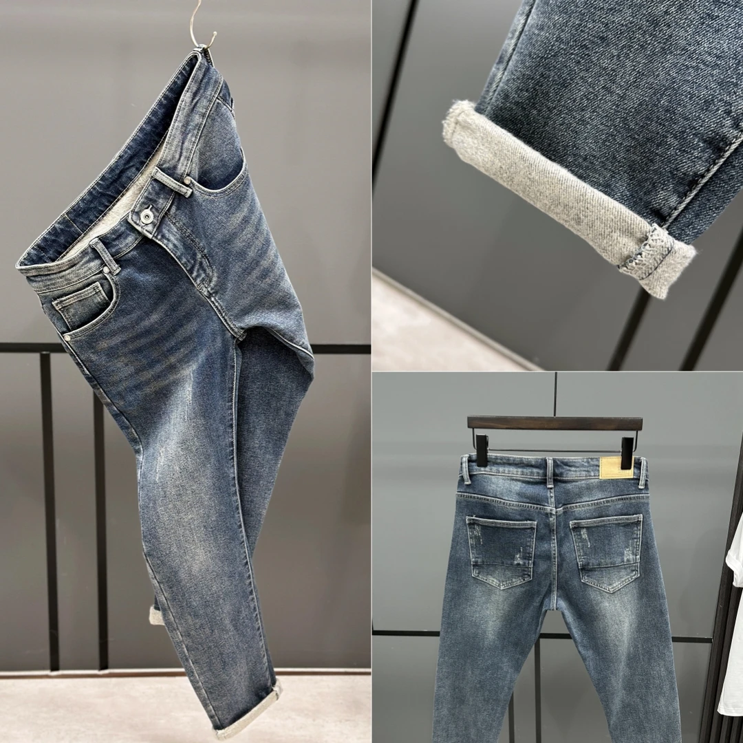 冬季潮流复古做旧水洗弹力猫须蓝灰九分牛仔裤男韩版时尚修身小脚