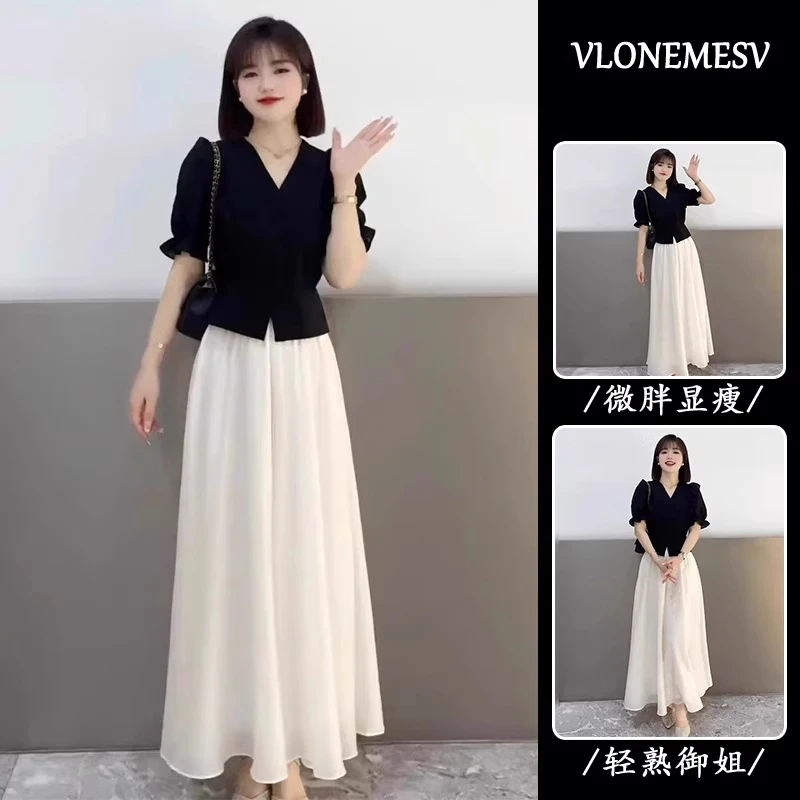 2025夏季爆款两件套赫本风通勤法式小众黑色泡泡短袖上衣裙裤套装