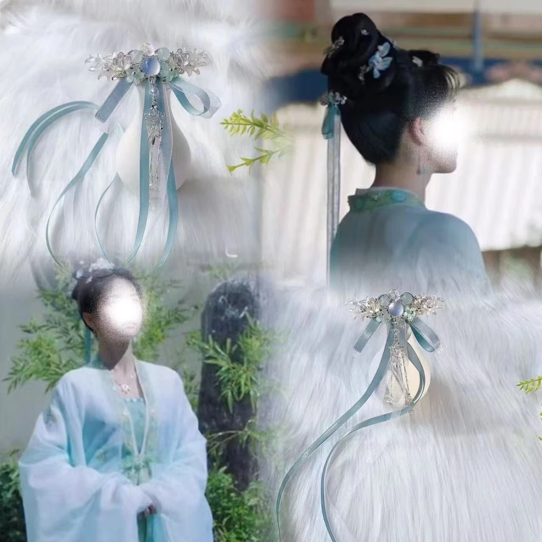 白宁安鹿姜同款如梦雪宁蓝色飘带后压超仙流苏发饰古风汉服配饰品
