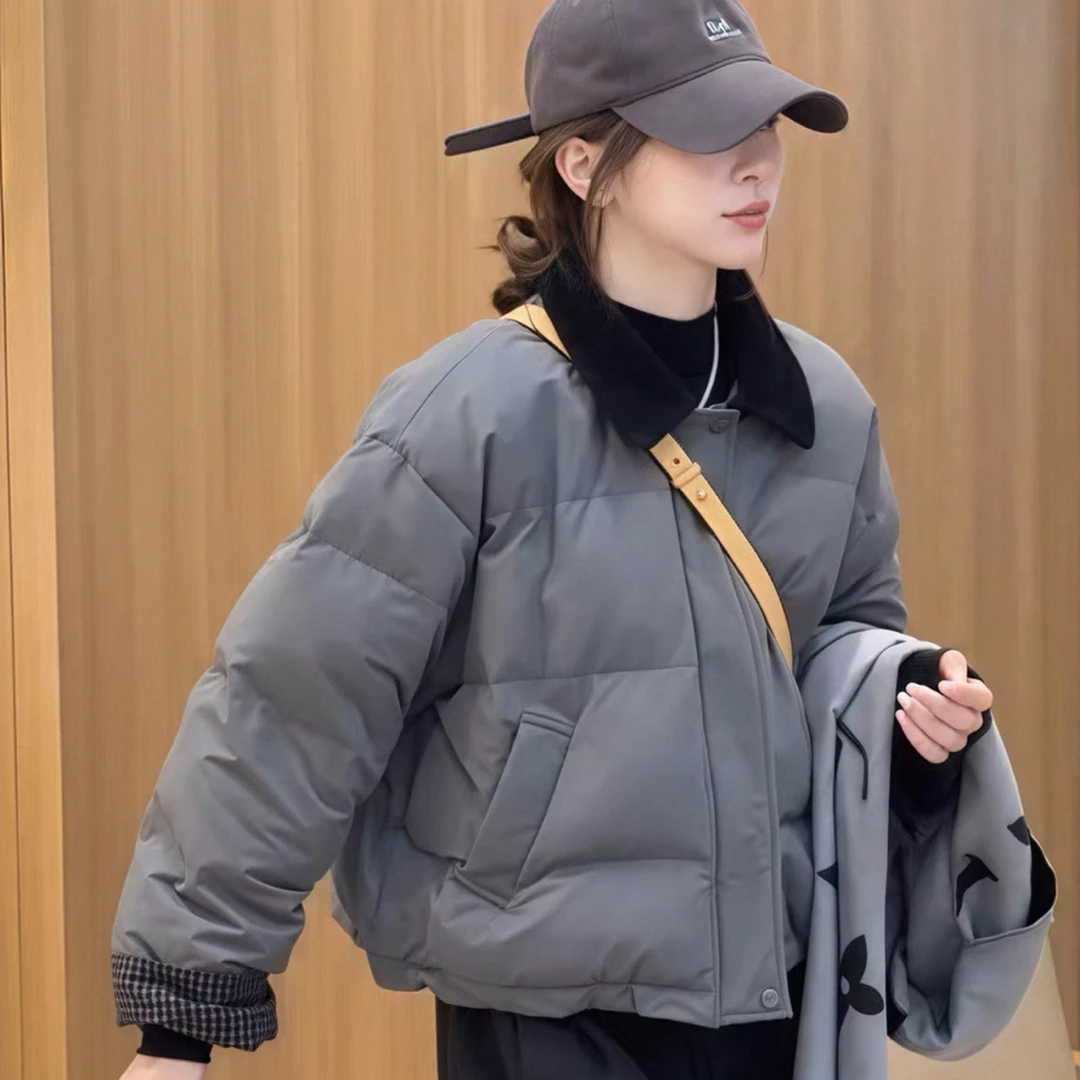 韩版撞色翻领短外套女2025冬季新款宽松加厚保暖棉服显瘦百搭夹克