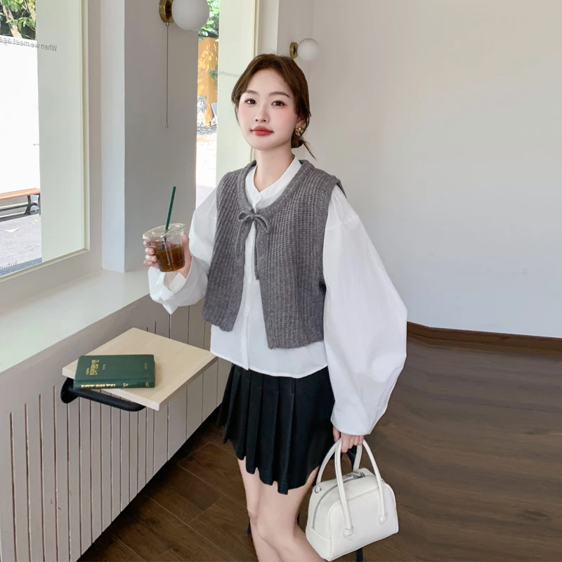 衬衫针织背心马甲套装女2025春秋新款松弛感韩系穿搭学院风两件套