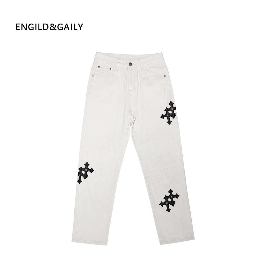 ENGILD&GAILY设计师夏季轻奢百搭贴皮水洗蒂罗心同款直筒牛仔裤