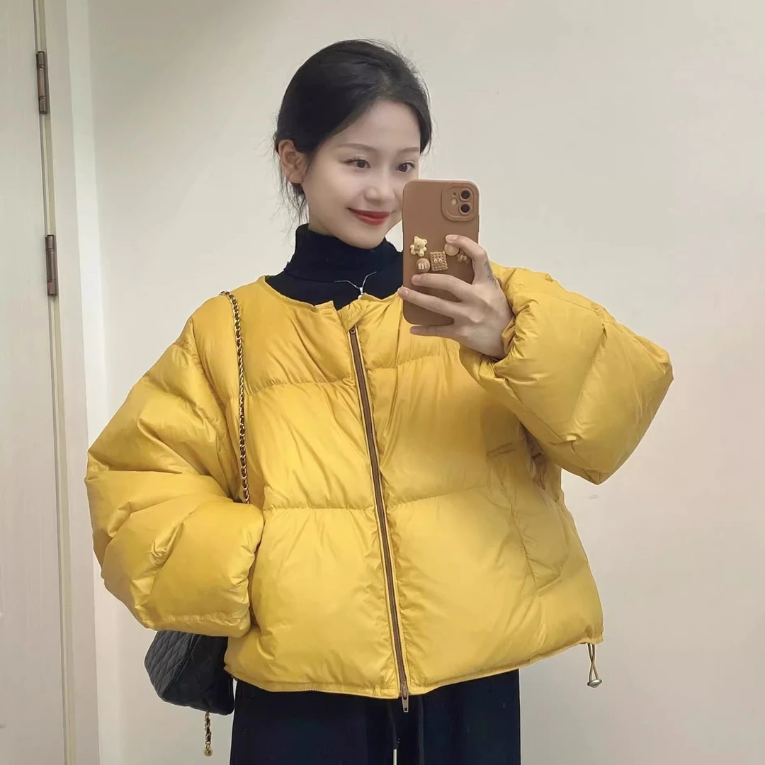 多巴胺黄色短款棉服女冬季大码胖mm气质高级好看圆领棉衣外套