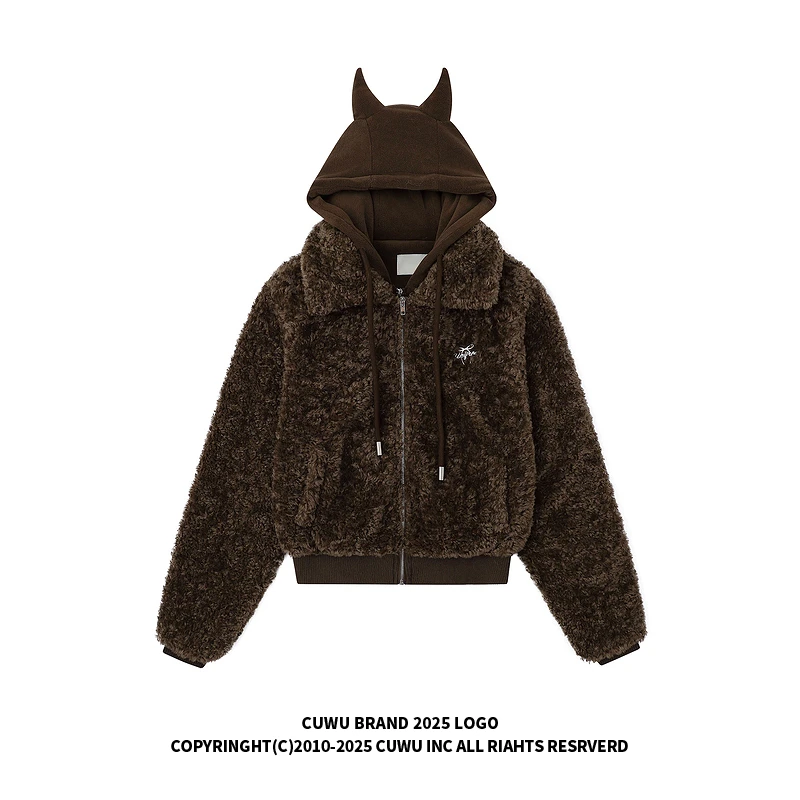 cuwu复古假两件小恶魔连帽棉袄女冬季加绒加厚棉衣棉服外套