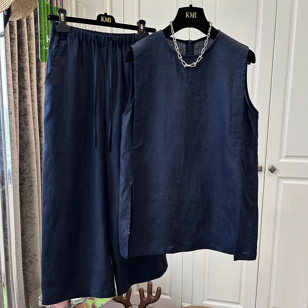 300斤大码藏青色亚麻无袖背心阔腿裤时尚套装男女两件套宽松气质