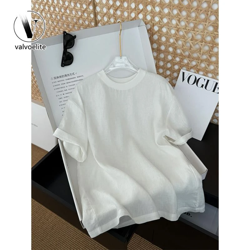 VALVOELITE亚麻短袖T恤男夏轻薄透气慵懒松弛感穿搭宽松白色半袖