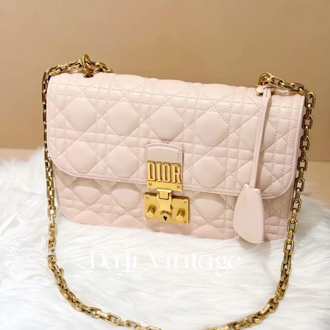99新 DIOR/迪奥 大吉中古/Dior迪奥藤格纹樱花粉金扣单肩斜挎包