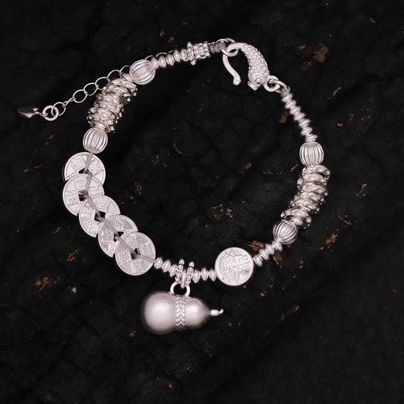 足银手镯 999.9新中式国潮五帝钱葫芦盘缠手链抖音新款女如意手串