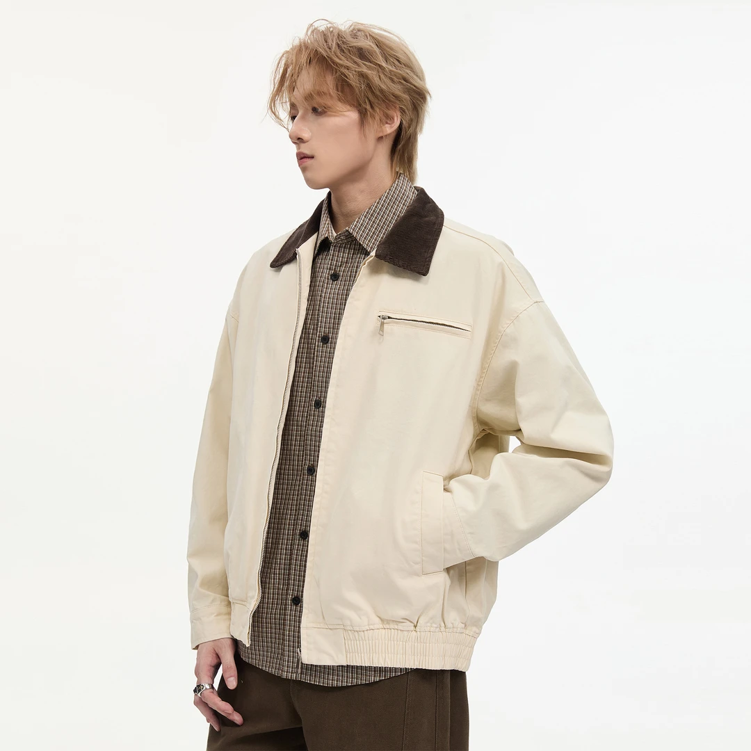 翻领夹克男痞帅秋季潮流宽松休闲美式复古拉链工装长袖情侣外套