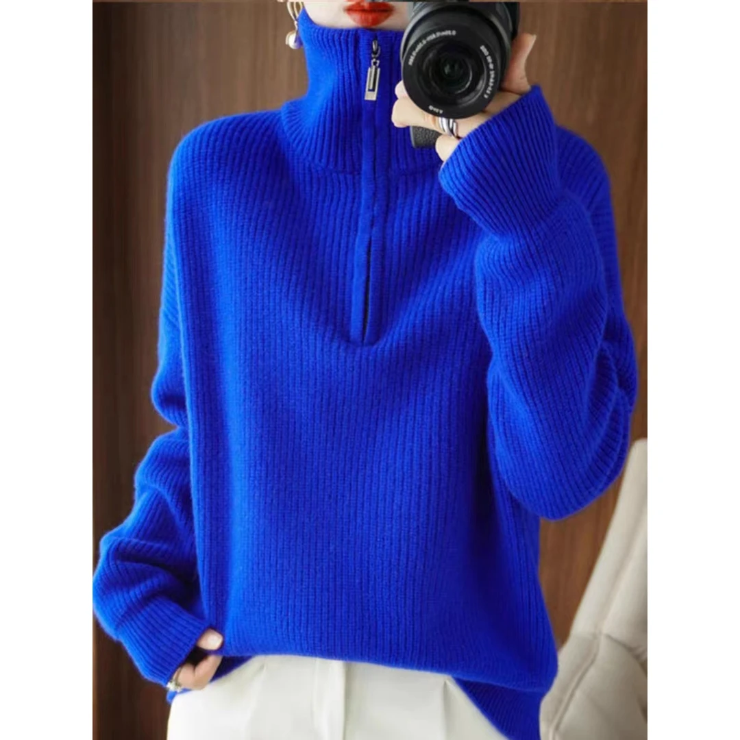 克莱因蓝百搭毛衣外套女高级感穿搭秋冬宽松慵懒风翻领针织衫上衣